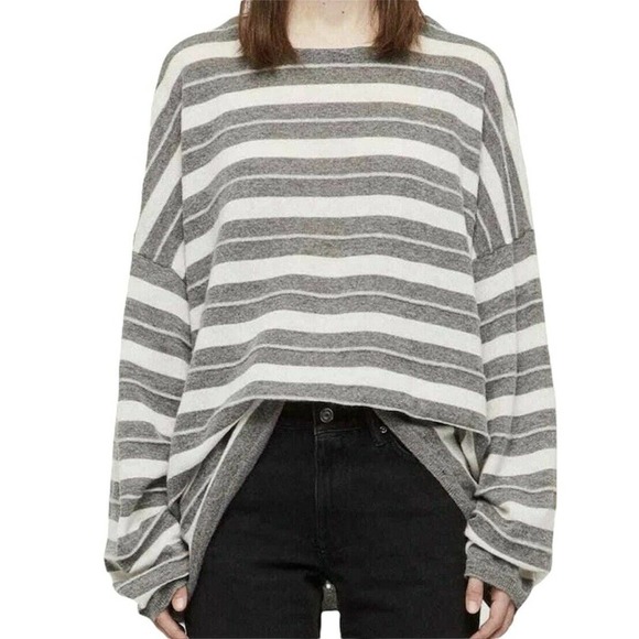 All Saints Sweaters - All saints Womens Cassia Jumper Gray White Stripe Boat Neck Wool Sweater…